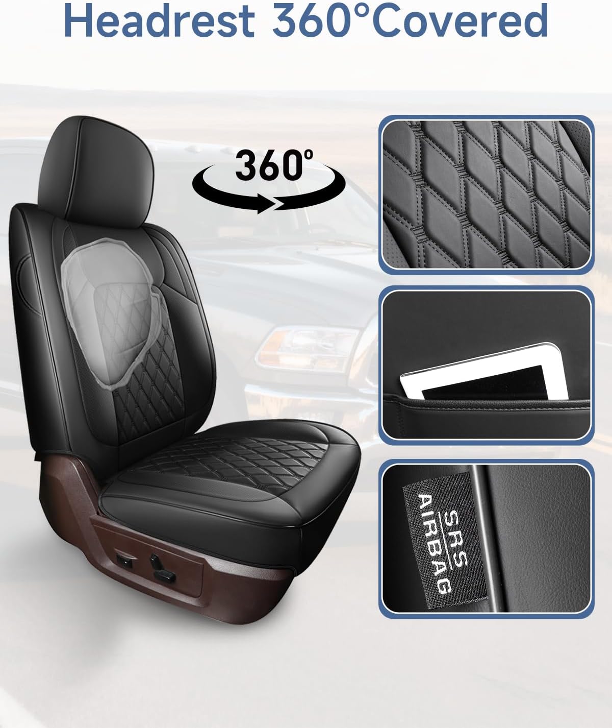 Umbrauto Custom Seat Covers fit for Dodge Ram 1500 2500 3500, Full Coverage Luxury Leather Ram Truck Seat Cover 2009-2025 Compatible with Crew Cab Double Quad Regular (Full Set (Flat Rear))