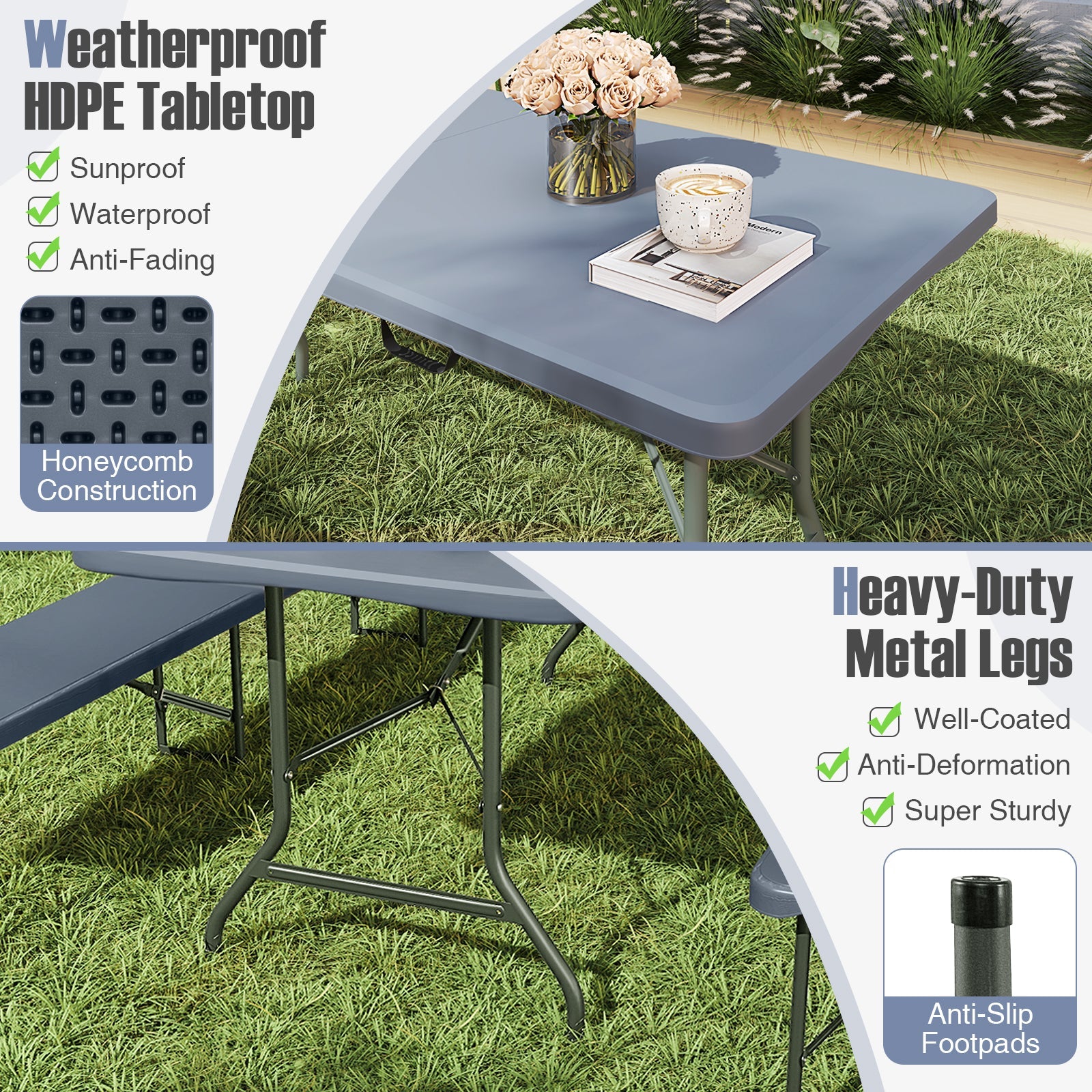 8 ft Portable Folding Table 350 LBS Fold-in-Half Table with HDPE Tabletop