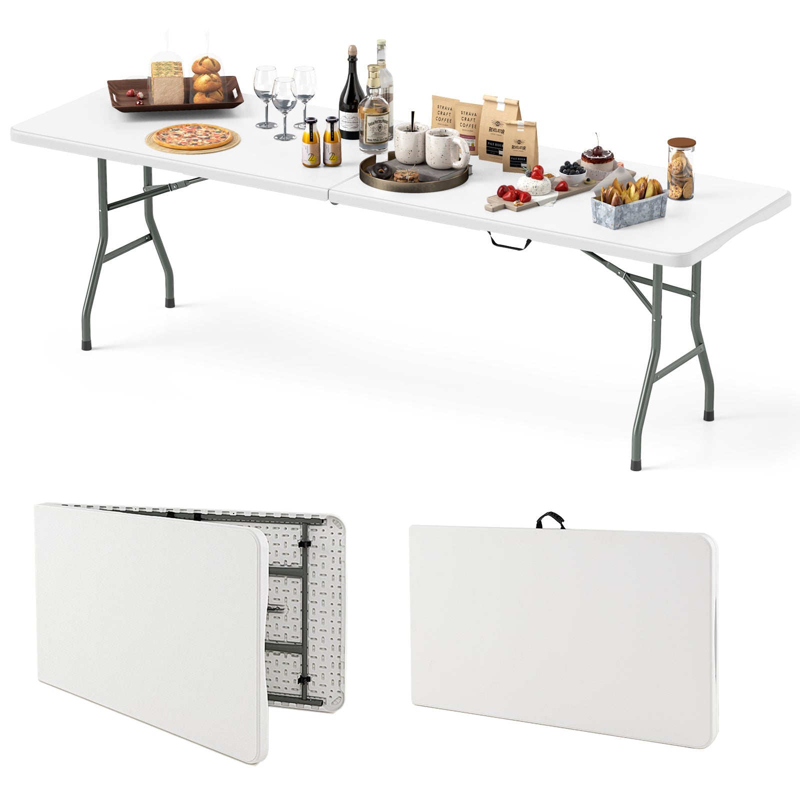 8 ft Portable Folding Table 350 LBS Fold-in-Half Table with HDPE Tabletop