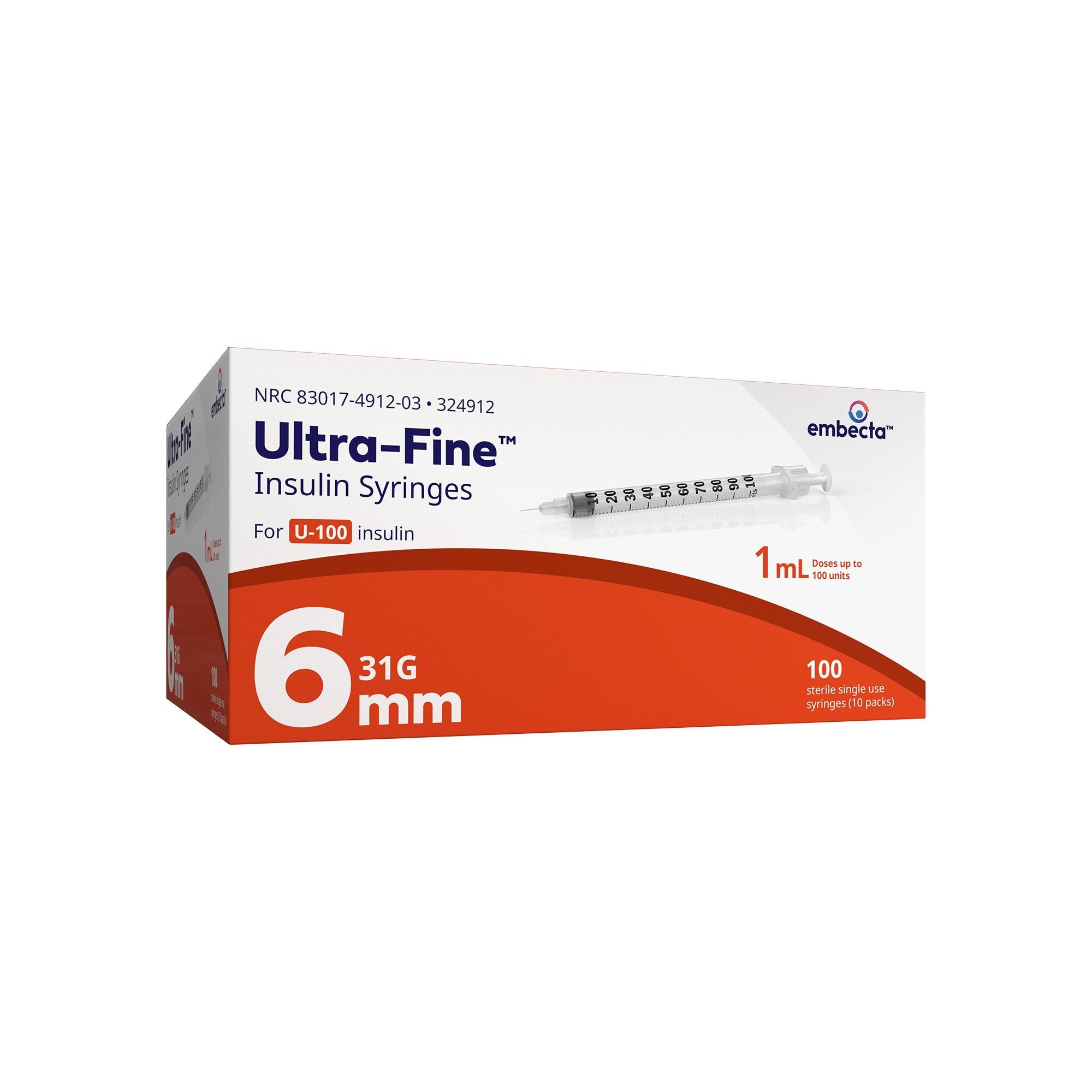 Standard Insulin Syringe with Needle Veo™ Ultra-Fine™ 1 mL 15/64 Inch 31 Gauge NonSafety Regular Wall 324912