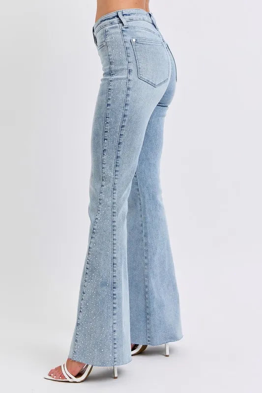 Judy Blue Full Size Mid Rise Rhinestone Side Panel Detail Flare Jeans Plus Size
