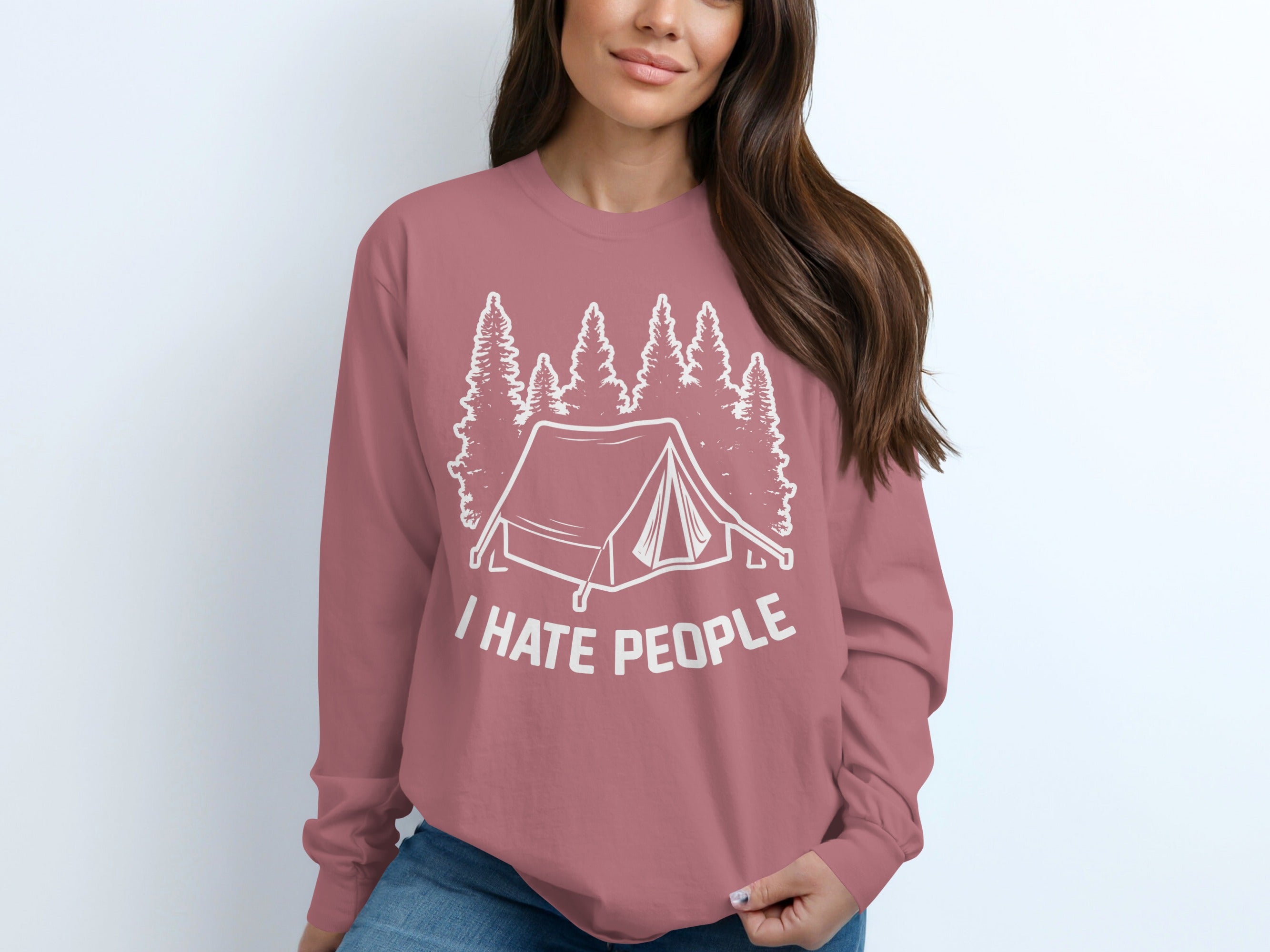 I Hate People Tent In The Forest Illustration Long Sleeve T-Shirt