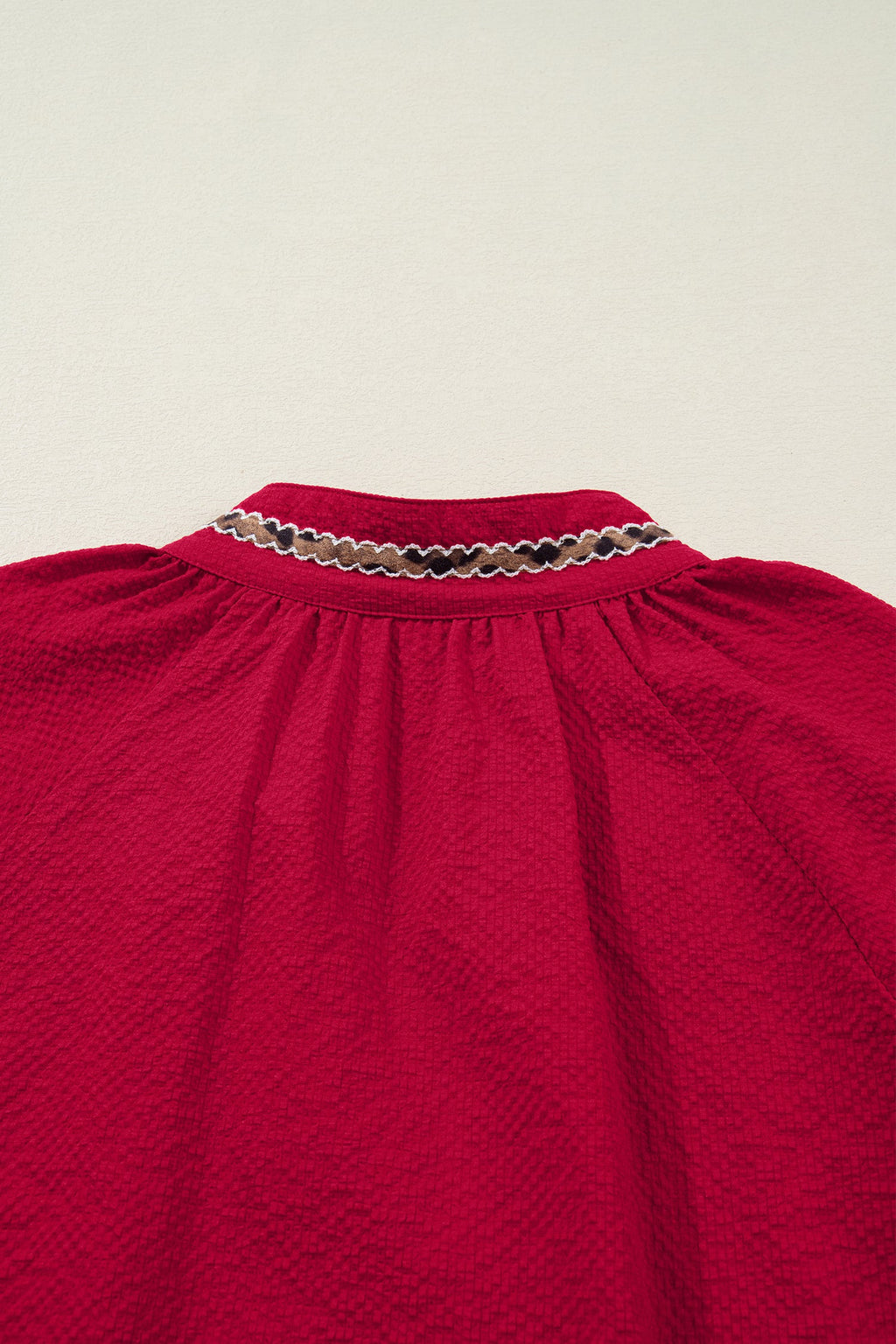 Racing Red Leopard Jacquard Print V Neck Textured Blouse
