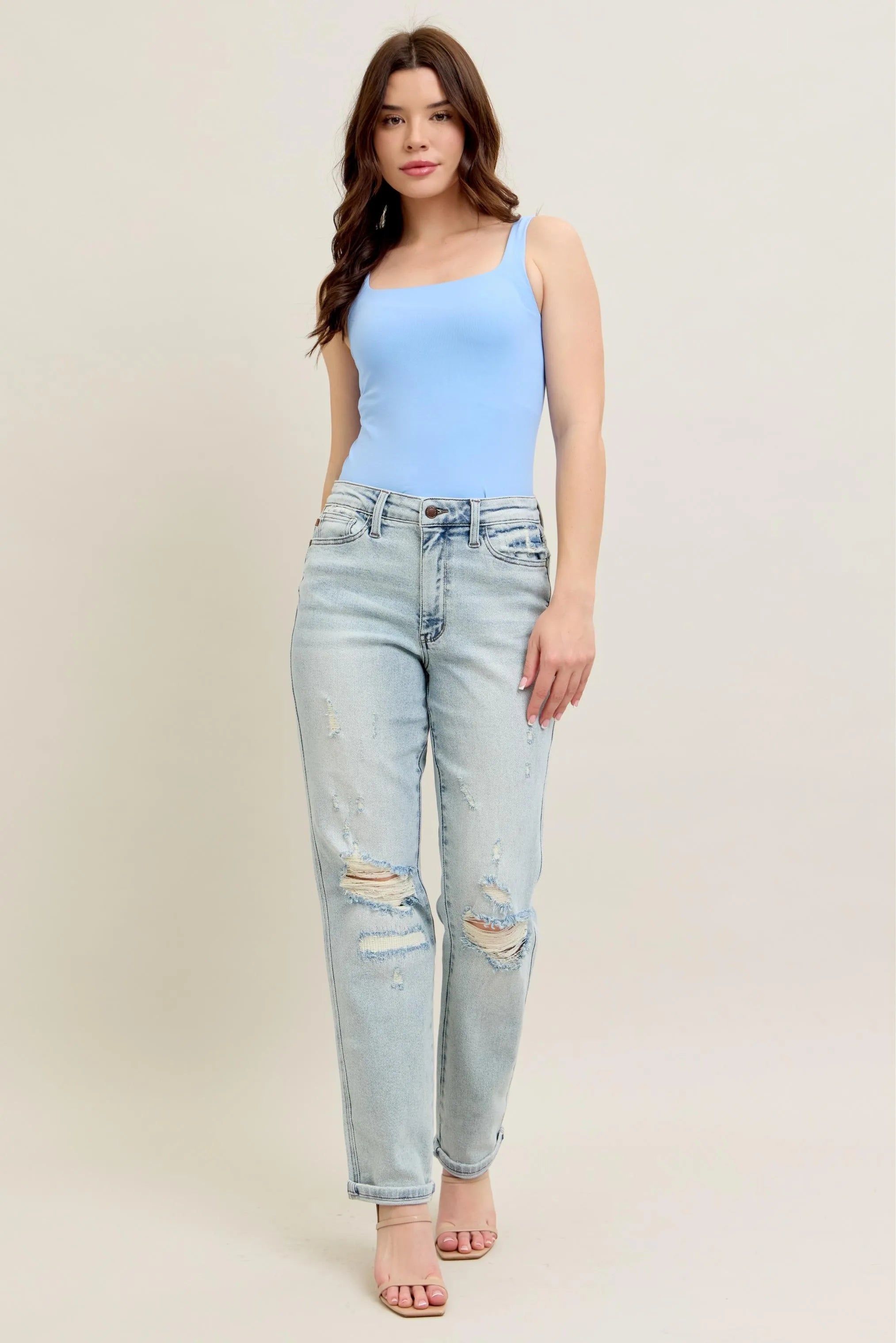 Judy Blue Full Size Mr Repair Stitch Detail Destroy Single Cuff Bf Jeans Plus Size
