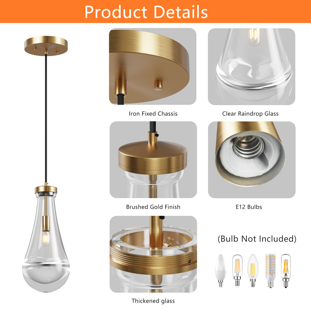 Raindrop Pendant Light – Hand-Blown Clear Glass Shade & Brass/Black Rod | Kitchen Island, Dining Room & Entryway