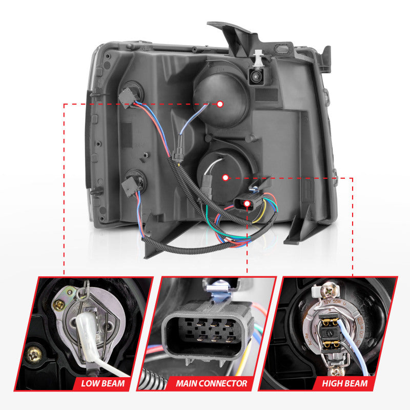 ANZO 2007-2013 Chevrolet Silverado 1500 Projector w/ Light Bar Black Housing w/ Sequential 111545