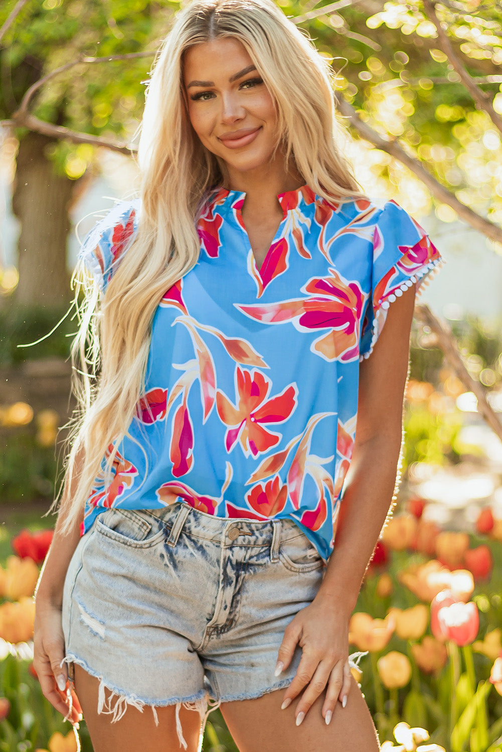 Sky Blue Floral Print V Neck Pompom Trim Flutter Sleeve Blouse