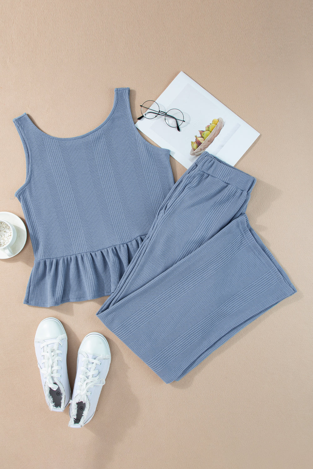 Duffel Green Solid Color Ribbed Ruffle Tank Top and Pants Set