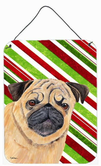 Pug Candy Cane Holiday Christmas Wall or Door Hanging Prints Aluminum Metal Sign Kitchen Wall Bar Bathroom Plaque Home Decor Front Door Plaque, 12x16, Multicolor