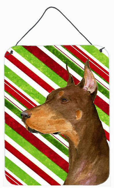 Doberman Candy Cane Holiday Christmas Wall or Door Hanging Prints Aluminum Metal Sign Kitchen Wall Bar Bathroom Plaque Home Decor Front Door Plaque, 12x16, Multicolor