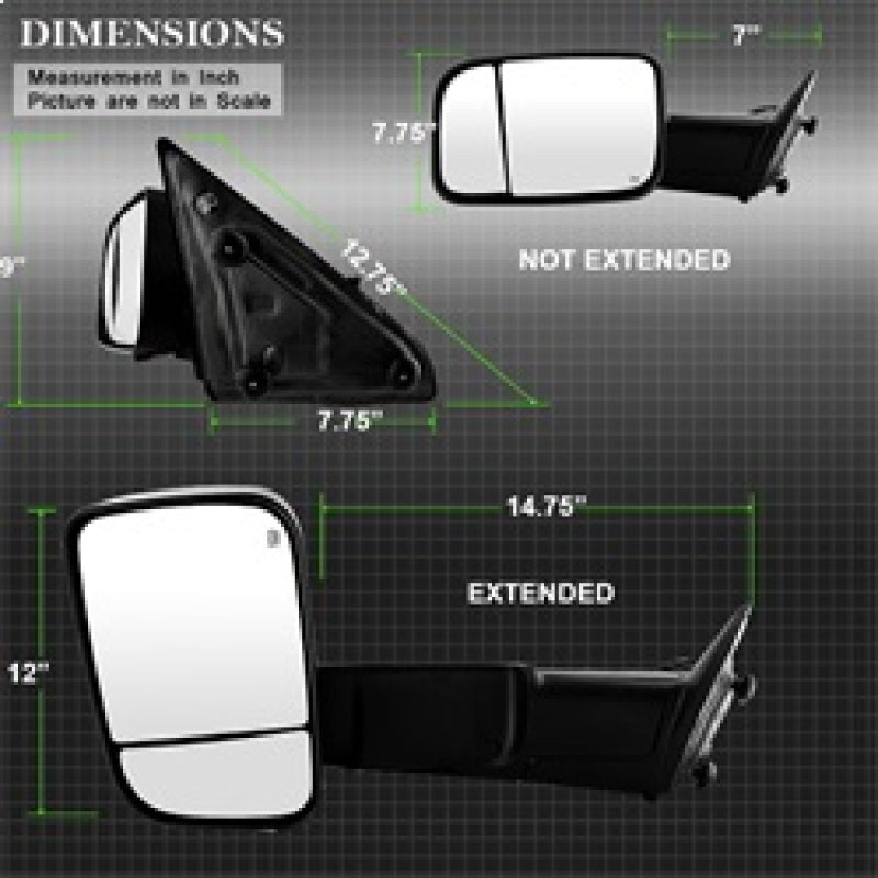 SPYDER Xtune Dodge Ram 1500 09-12 Extendable Heated Adjust Mirror Black HoUSing Left MIR-DRAM09S-PWH-L 9935596