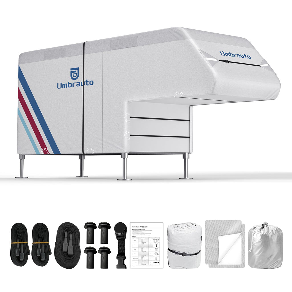 Umbrauto Slide-In Truck Camper Cover — 300D Oxford Waterproof RV Cover, Silver-Coated All-Weather Protection with Windproof Straps & Air Vents
