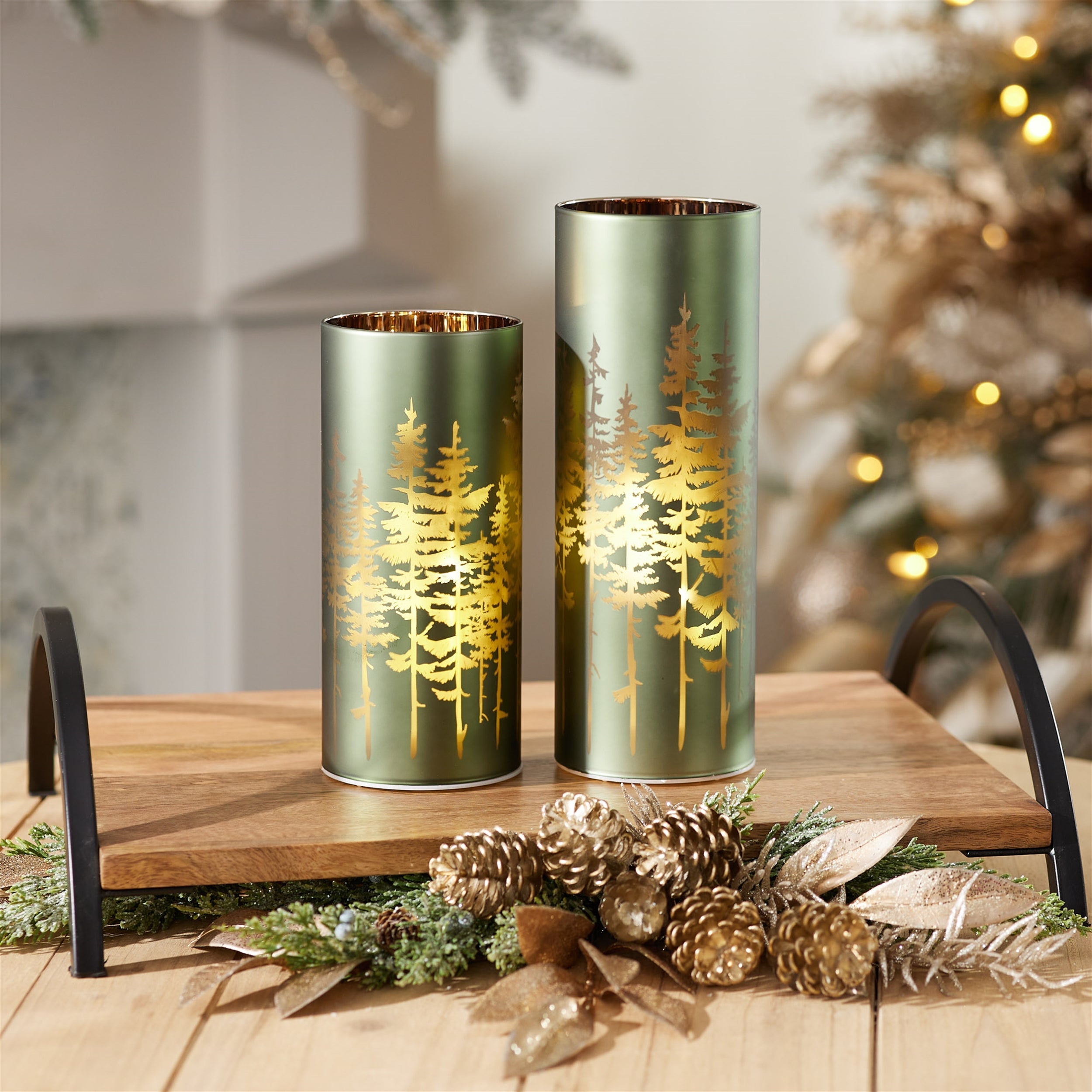 Frosted Pine Trees Glass Candle Holder (Set of 2)