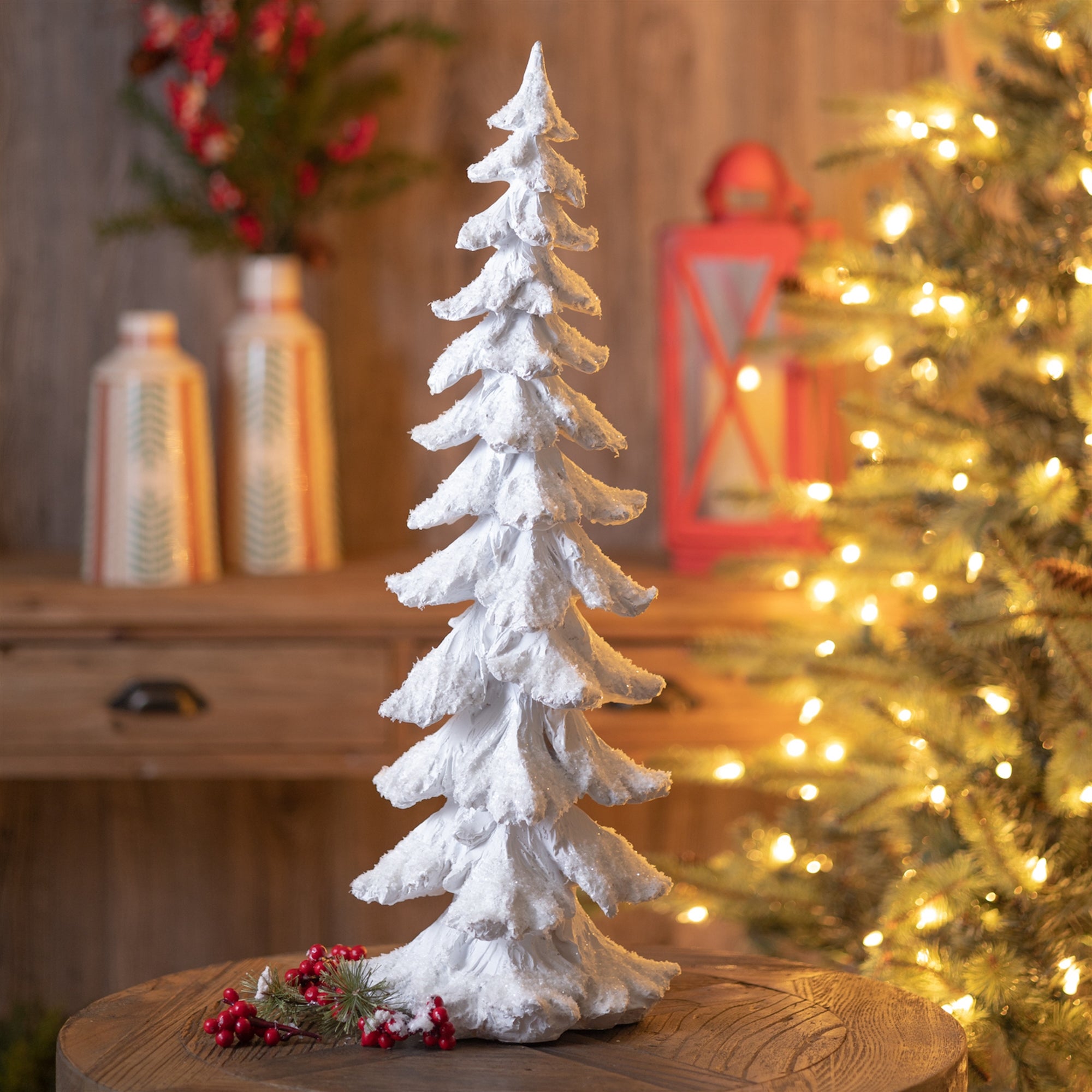 Flocked Pine Tree with Carved Design 26"H