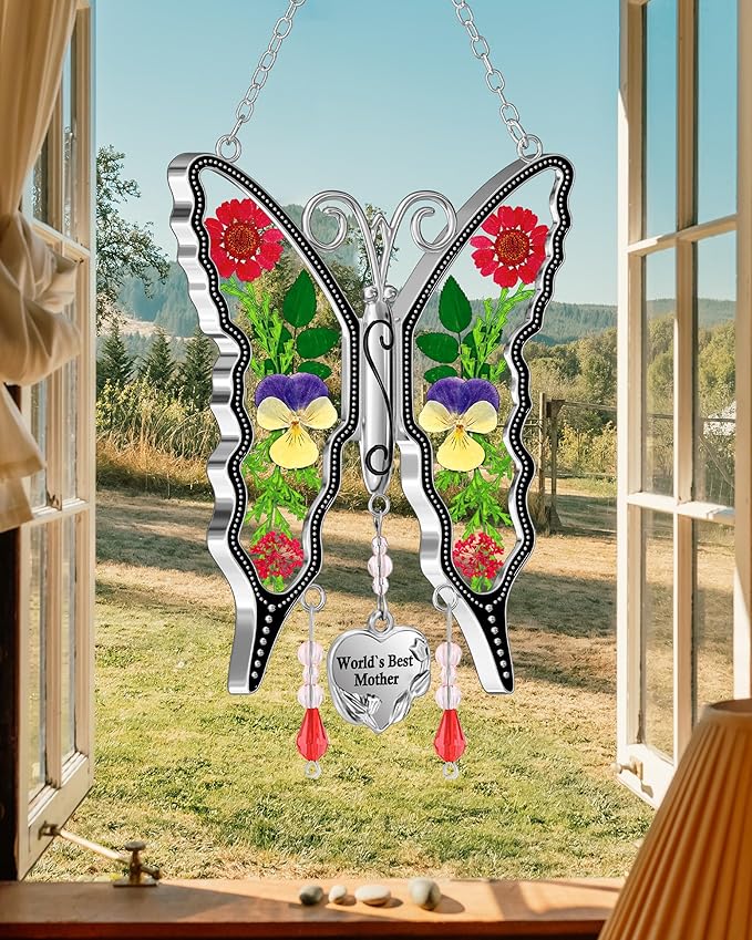 KY&BOSAM Butterfly Suncatcher World`s Best Mother Gifts Stain Glass Suncatchers for Windows Hanging Wind Chimes Home Ornament Gifts for Mom Mother`s Day Valentine's Birthday Christmas Thanksgiving
