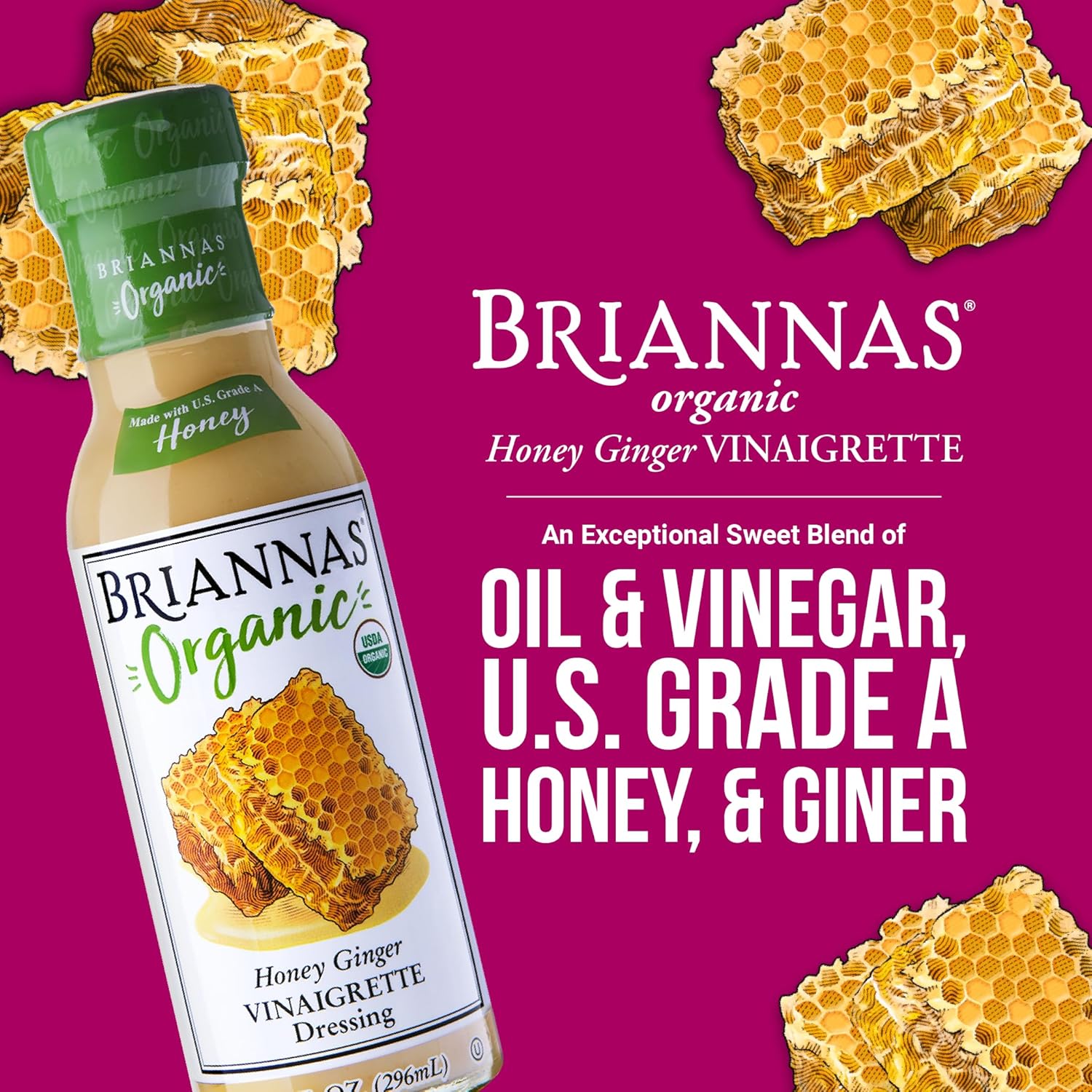 Brianna's Honey Ginger Vanilla Salad Dressing, Pack of 6, 10 Fl Oz