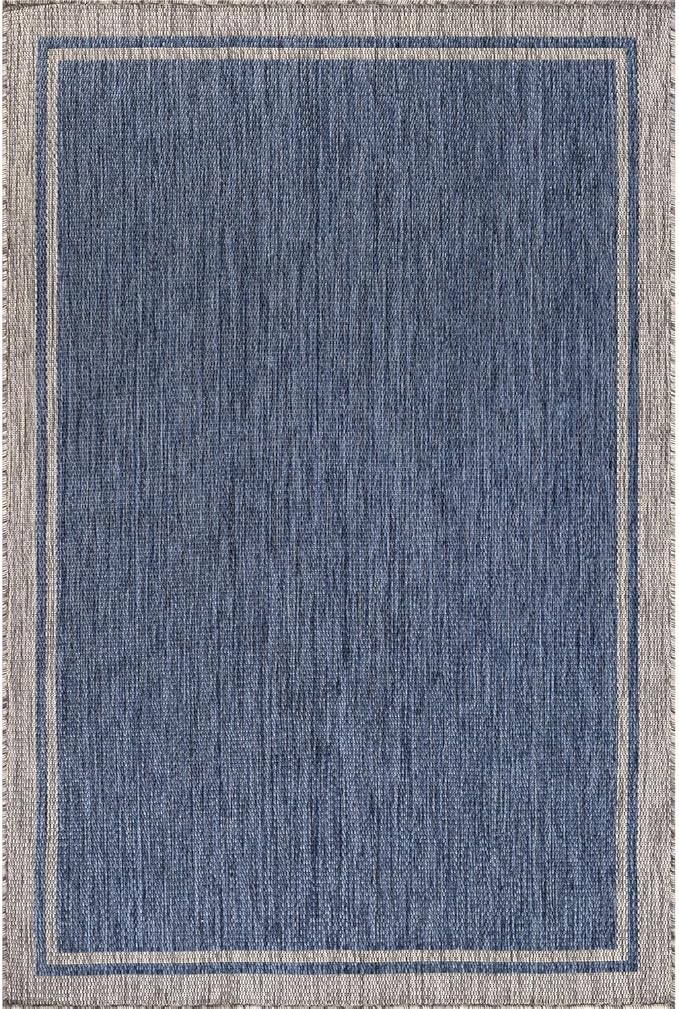 CAMILSON Outdoor Rug, 5x7 Bordered Navy Blue Gray Modern Area Rugs for Indoor and Outdoor Patios, Porches Waterproof Washable Porch Deck Outside Carpet (Bordered Navy, 5 x 7)