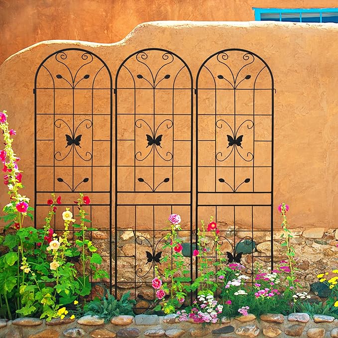 4 Pack Metal Garden Trellis 86.7" Black Fence Rustproof Garden Trellis for Climbing Plants Support Roses Flower Outdoor Lawn, Black