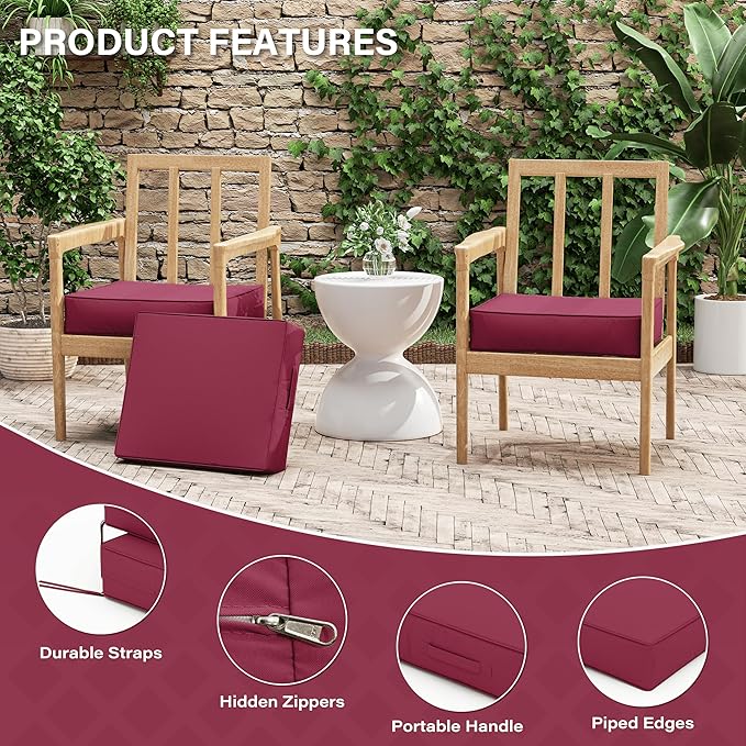 Patio Chair Cushions 18.5 X 16 X 4 Inch Waterproof Outdoor Seat Cushions for Patio Furniture, Outdoor Sofa Couch Pads with Ties & Handle, Set of 2, Fuchsiared