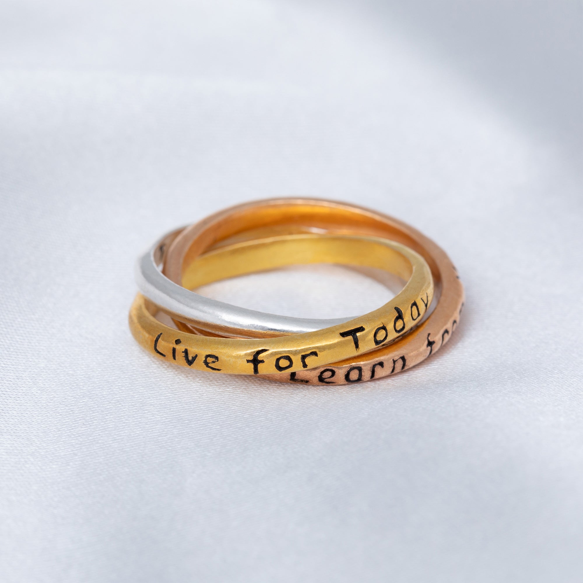 GreaterGood Daily Reminder Trio Fidget Ring in Sterling Silver, Gold, and Copper