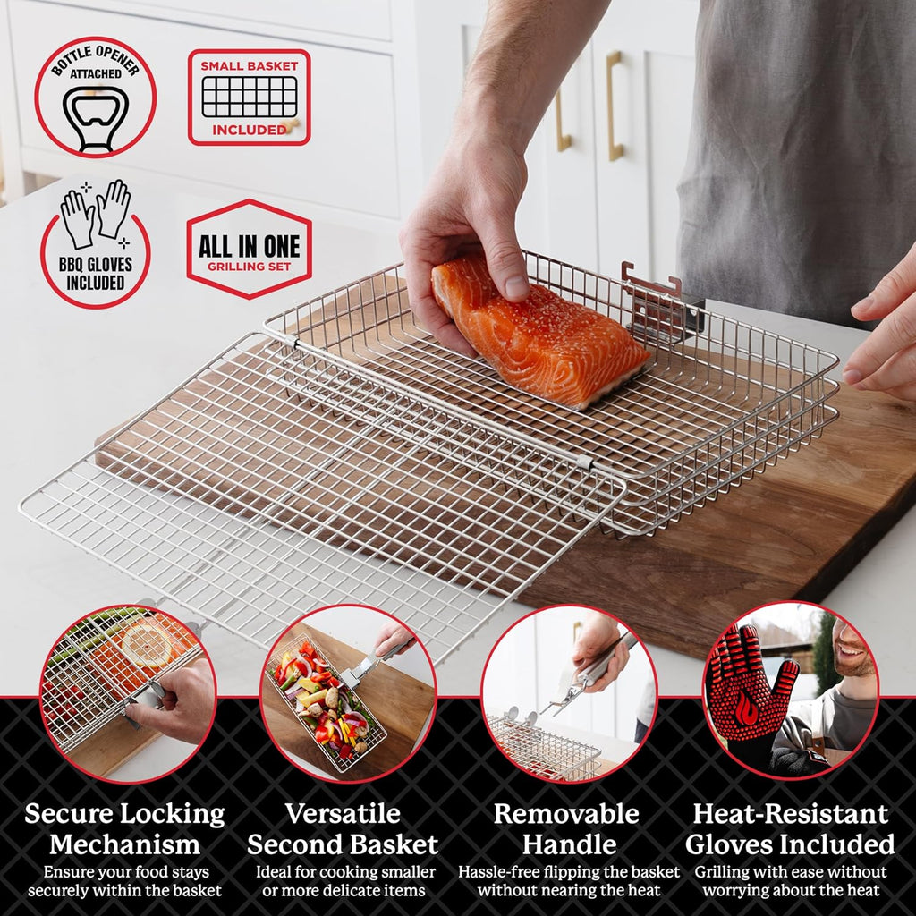 BLAZIN' GRILL Baskets for Outdoor Grill | 2 Grilling Baskets with Detachable Handle | Barbecue Grill Set with BBQ Gloves | Portable Camping Net Rack Perfect for Vegetables, Seafood & Meat