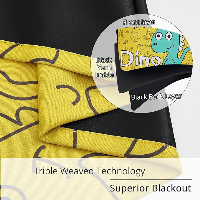 Dinosaur Blackout Curtains for Kids Room - 2 Panels, Each W52×L63, 100% Blackout, Thermal Insulated, Noise Reducing, Perfect for Kids Room and Nersury