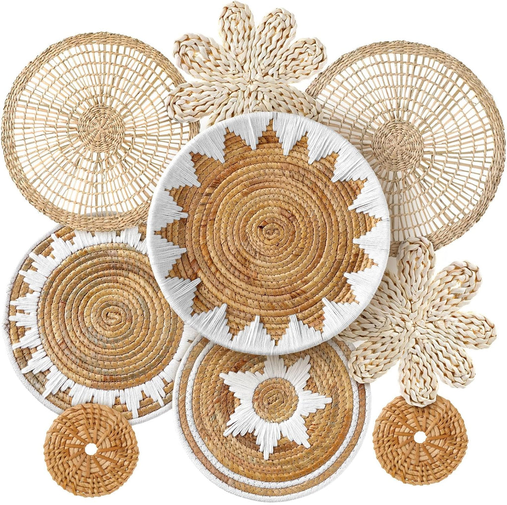 Xuhal Set of 8 Hanging Woven Wall Basket Handmade Decorative Rustic Boho Basket Decor Handcrafted Wicker Round Seagrass Wall Art for Home Kitchen Farmhouse Table Living Room