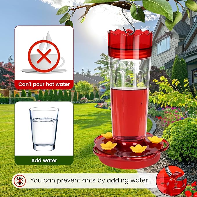 Glass Hummingbird Feeders for Outdoors Hanging Ant and Bee Proof, 2 Pack 15 Ounces Red Hummingbird Feeder with 5 Feeding Ports and Perches, Built-in Ant Moat, Outside Garden Décor (Glass, 2)