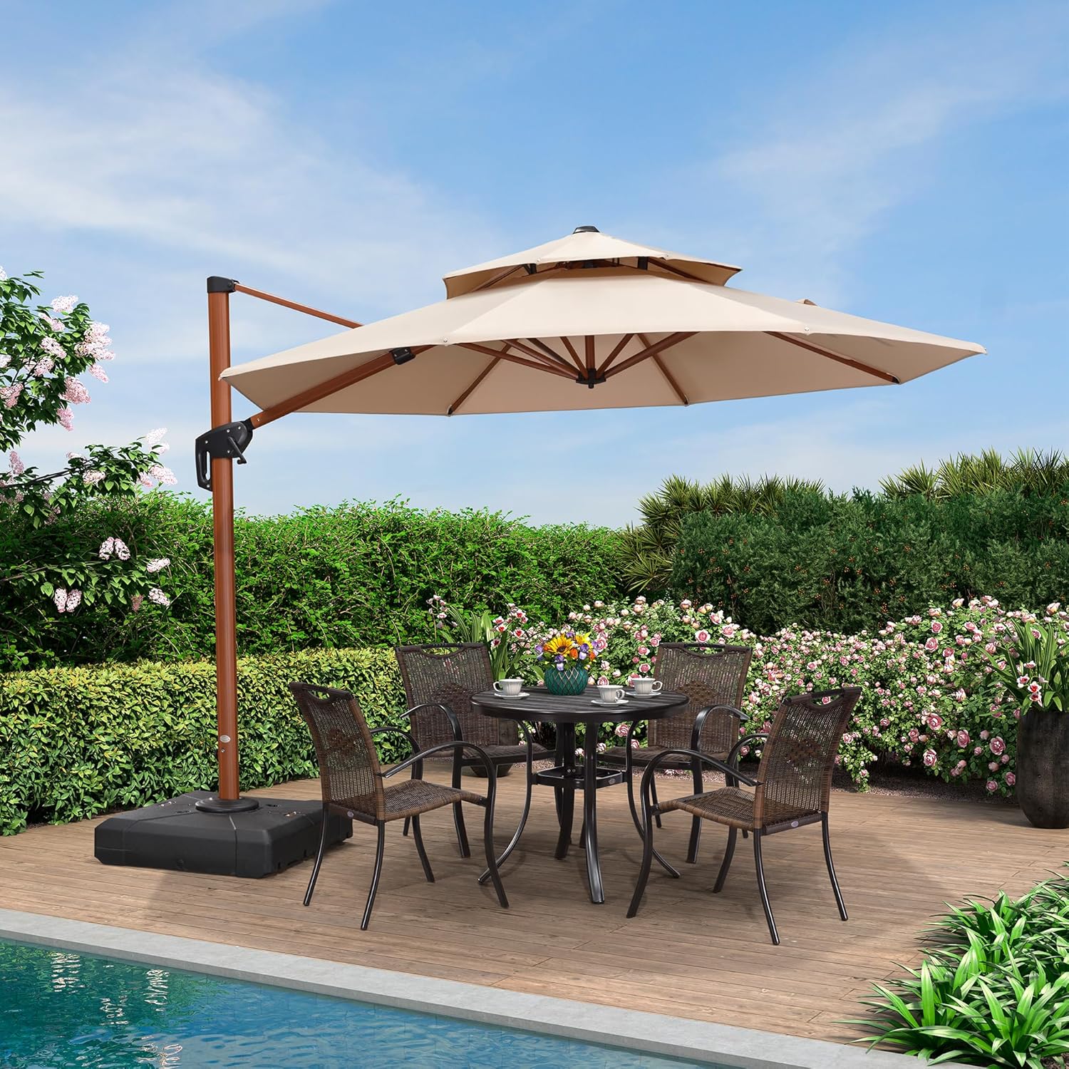 PURPLE LEAF 10ft Patio Umbrella Outdoor Round Umbrellas Large Cantilever Umbrella Windproof Offset Umbrellas Heavy Duty Sun Umbrella for Garden Deck Pool Patio, Beige