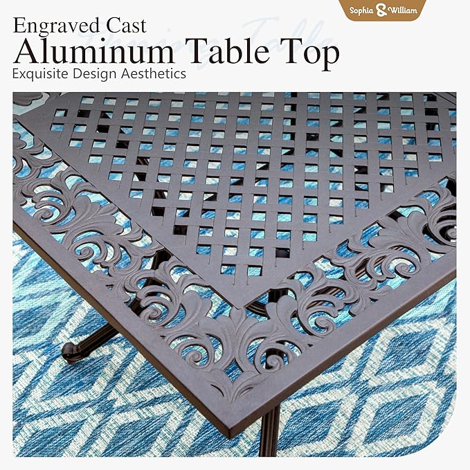 Sophia & William 7 Pieces Cast Aluminium Patio Dining Set for 6, Outdoor Swivel Rocking Chairs and Rectangular Table with 2.3" Umbrella Hole for Porch Backyard Deck, Bronze