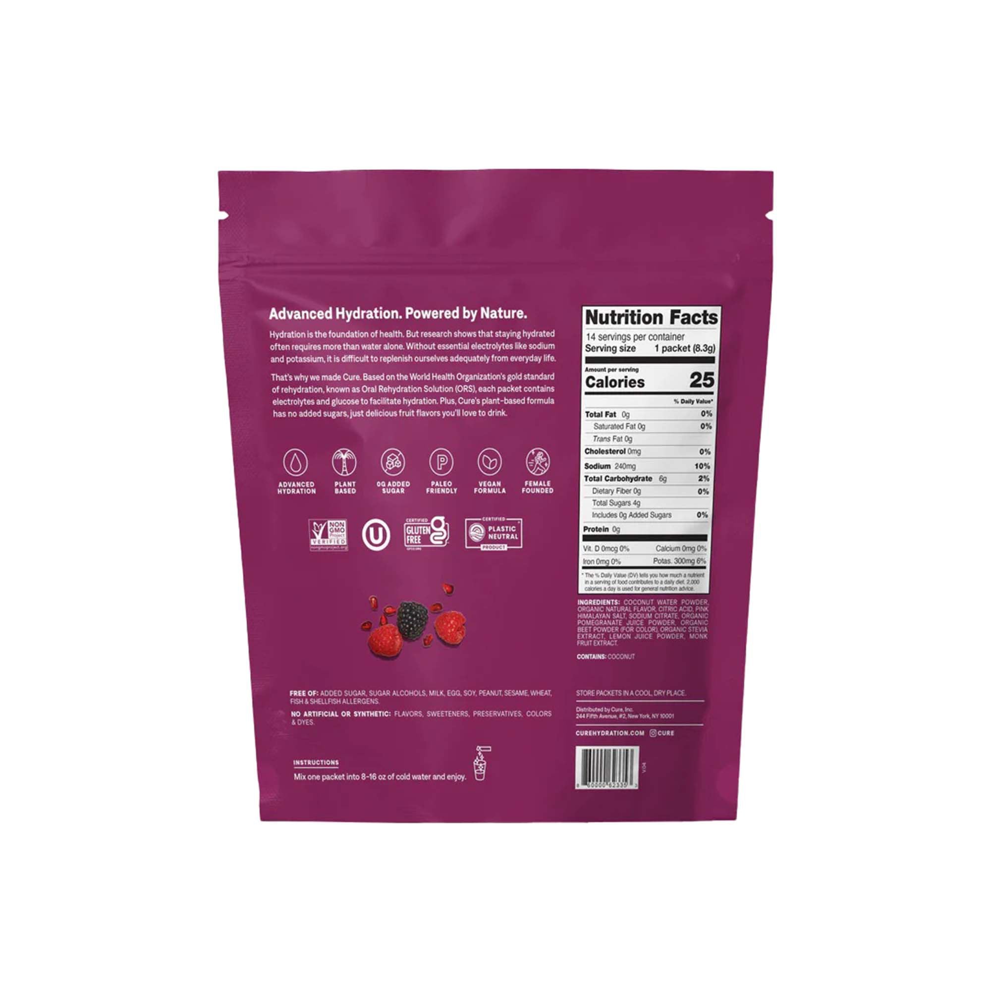 Cure Electrolyte Drink Mix made with Coconut Water, Berry, 7.7-gram Packets HM1002