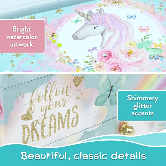 The Memory Building Company Unicorn Musical Jewelry Box, Classic Melody Storage Organizer Kids Ages 6-12, Wood Construction w/ 2 Compartments