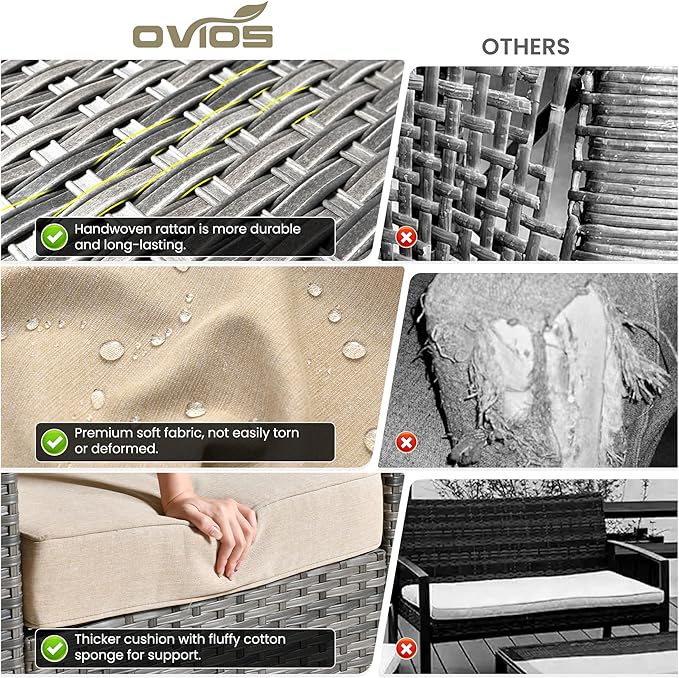 ovios 8 Pieces Patio Furniture Set with 54" Fire Pit Table, Outdoor Wicker Sofa with Comfy Cushions, All Weather High Back Rattan Couch Conversation Set, Beige