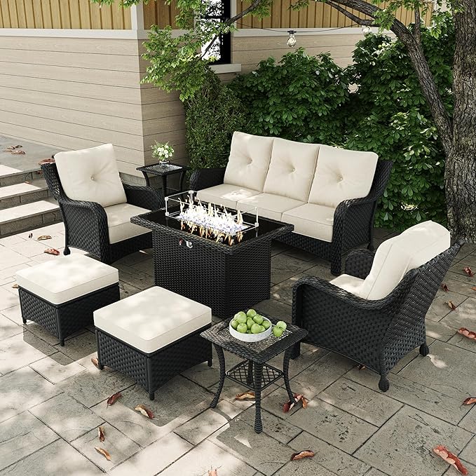 7 Pieces Outdoor Patio Furniture Sets with Single Chairs with 6-inch Thick Cushion and Fire Pit Table for Deck Lawn