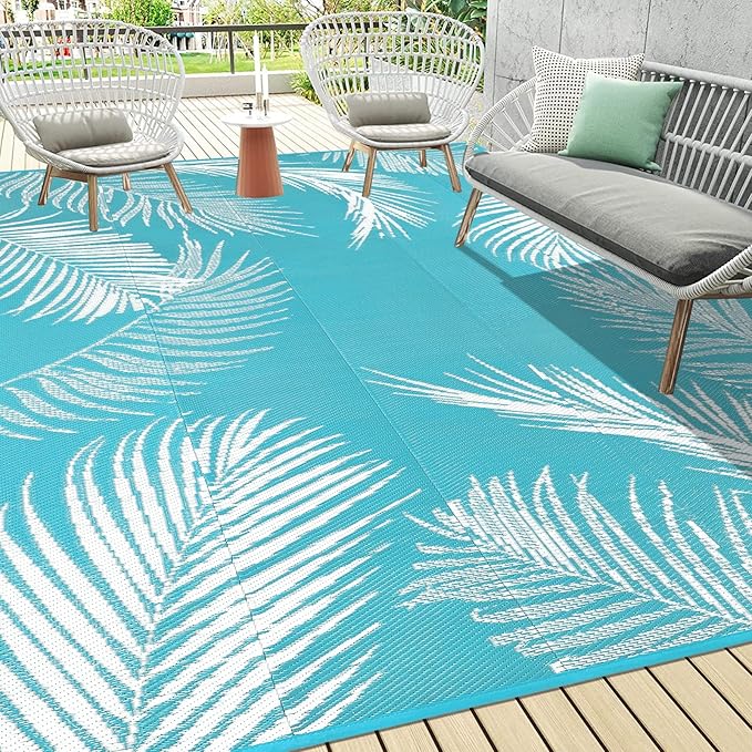 Pauwer Waterproof Outdoor Rug 9x12, Reversible Plastic Straw Patio Camping Rug, Indoor Outdoor RV Mat Carpet for Deck, Camper, Porch, Balcony, Backyard, Picnic, Leaf Teal