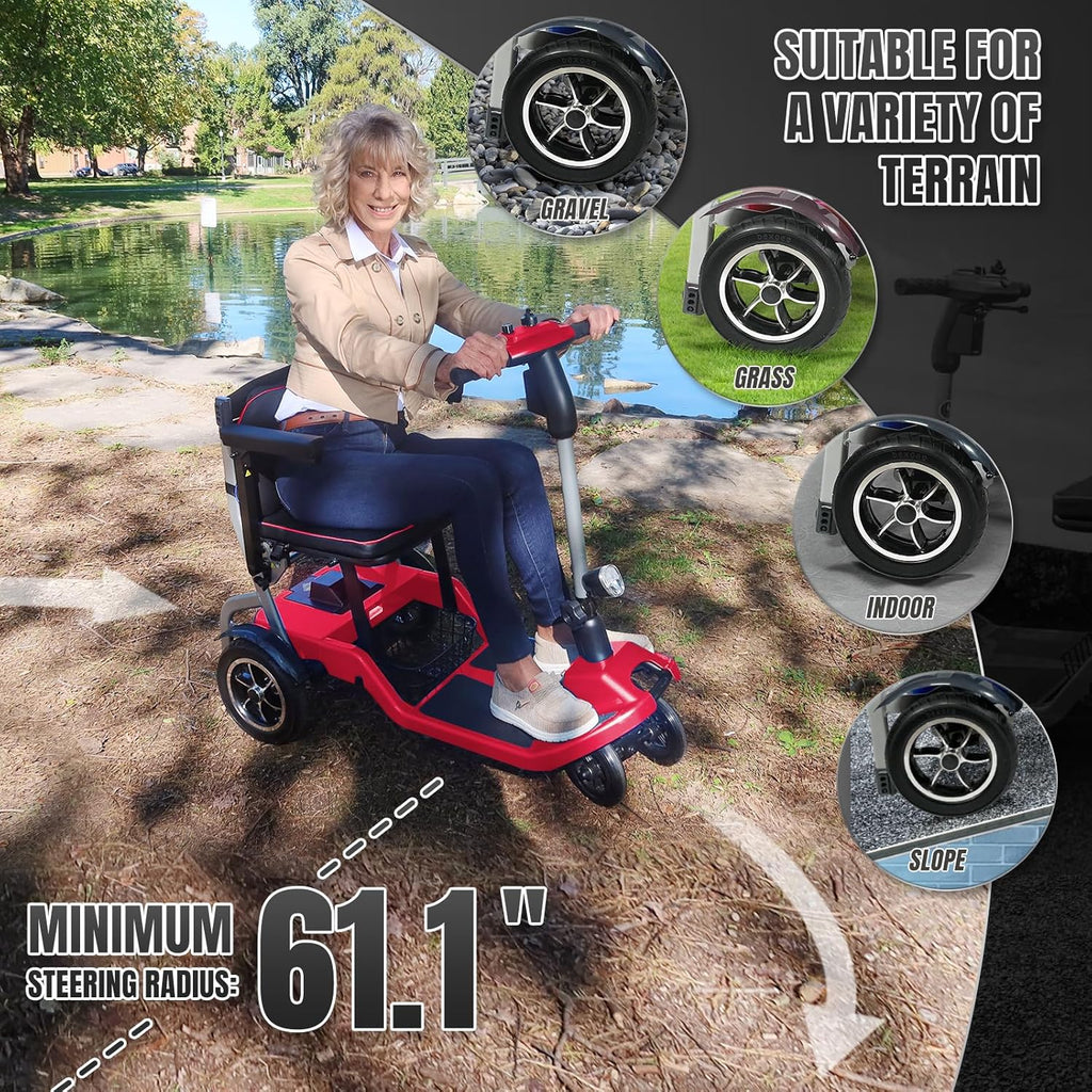 R3b-Mobility Scooters for Seniors Adults Ultra Lightweight Electric Powered Folding 4 Wheel Mobility Scooter with Headlight Cup Holder, Compact & Convenient for Travel Airline Approved, Red
