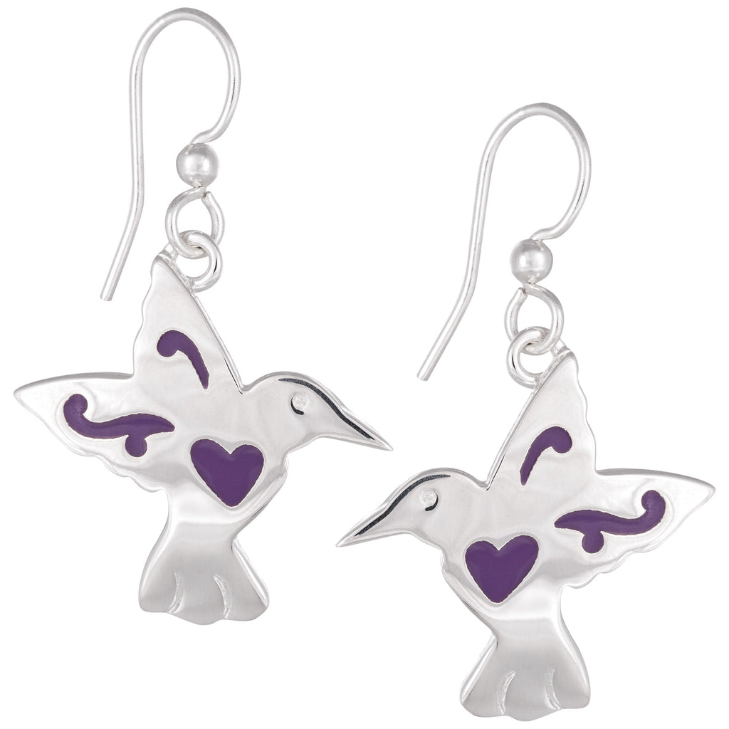 GreaterGood Whimsical Hummingbird Alpaca Silver and Purple Resin Earrings