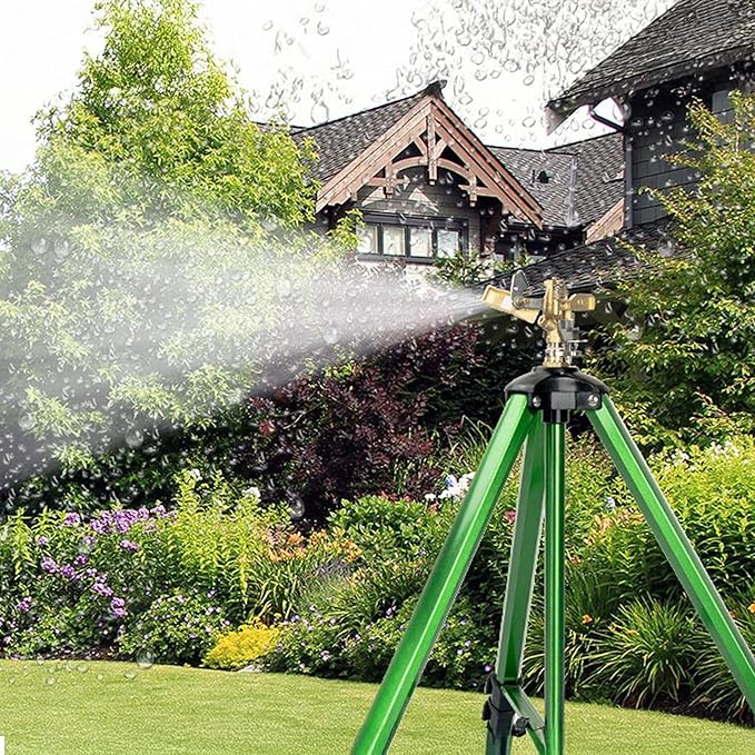 Impact Sprinkler on Tripod Base, Heavy Duty Adjustable Zinc Sprinkler Head for Lawn Yard Garden, 360 Degree Large Area Irrigation, 3/4" Connector Extension Legs Flip Locks