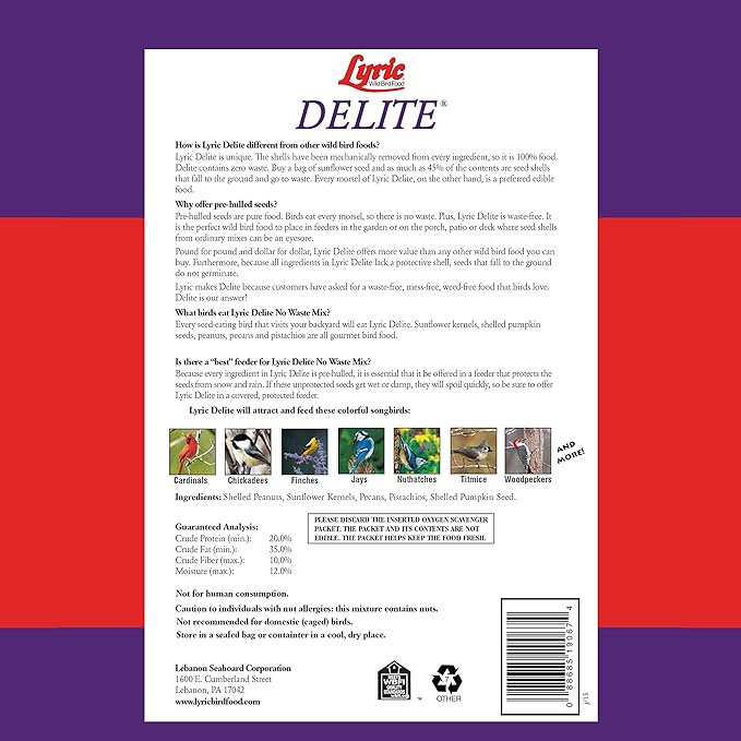 Lyric Delite Wild Bird Seed - No Waste Bird Food Mix with Shell-Free Nuts & Seeds - Attracts Buntings, Chickadees & Finches - 5 lb bag