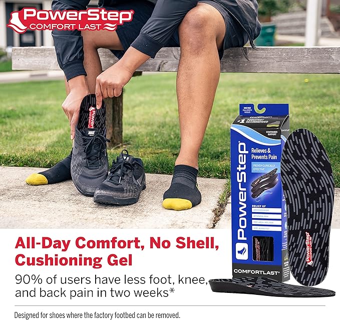 PowerStep Comfort Last Insoles, Cushioning Gel Insoles for Standing All Day, Supports Metatarsal Pain, Foot Arch, Heel Pain, All Day Comfort, Made in The USA (Men's 3-4.5 / Women's 5-6.5)