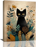 Boho Black Cat Wall Art Kitten Botanical Wall Decor Mid Century Modern Canvas Painting Print Minimalist Pictures Artwork Framed Decorations Gifts for Cat Lover Bathroom Nursery Living Room Bedroom Kitchen 12"x16"