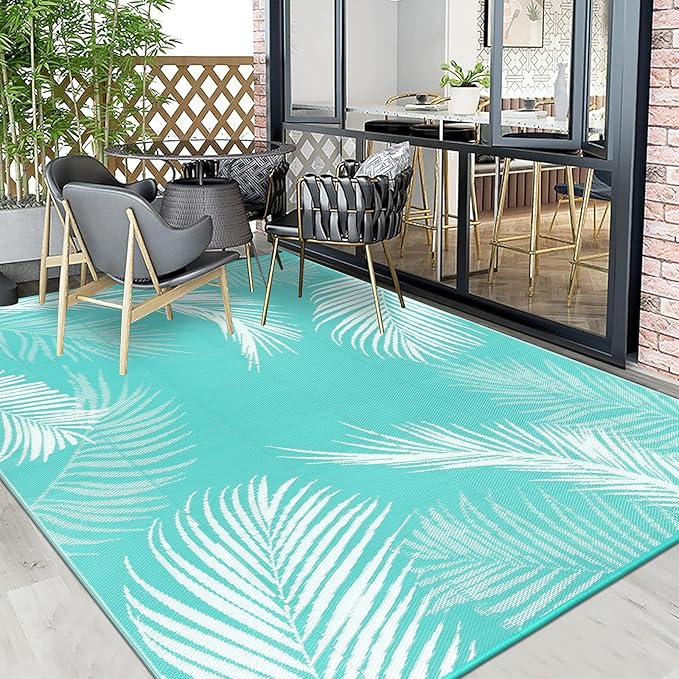 Pauwer Waterproof Outdoor Rug 6x9, Reversible Plastic Straw Patio Camping Rug, Indoor Outdoor RV Mat Carpet for Deck, Camper, Porch, Balcony, Backyard, Picnic, Leaf Light Blue
