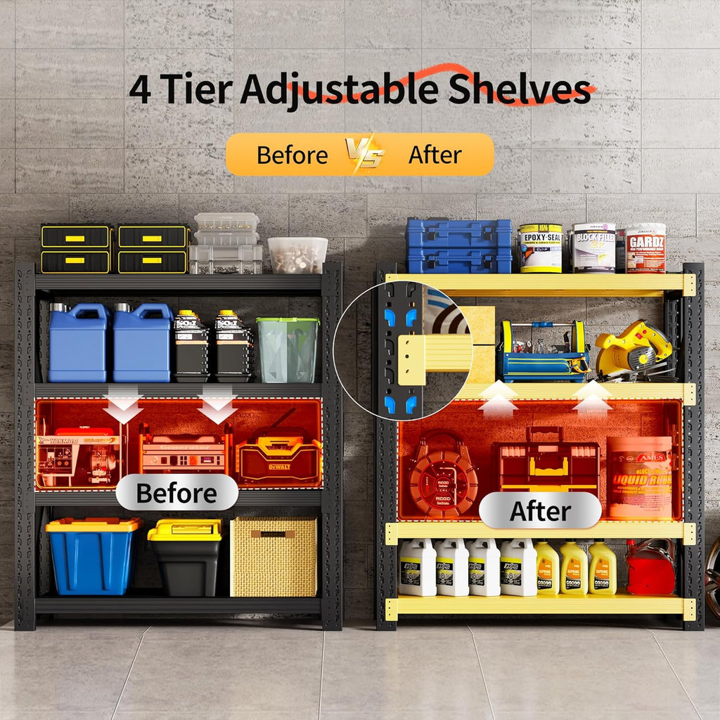 Garage Shelving Unit, 4 Tier Heavy Duty Racks, Easy Assembly, Metal Racks with Adjustable Shelves, 3000 LBS Load Capacity,for Warehouse,Basement (Black&Yellow, 19.7" D x 31.5" W x 78.7" H)