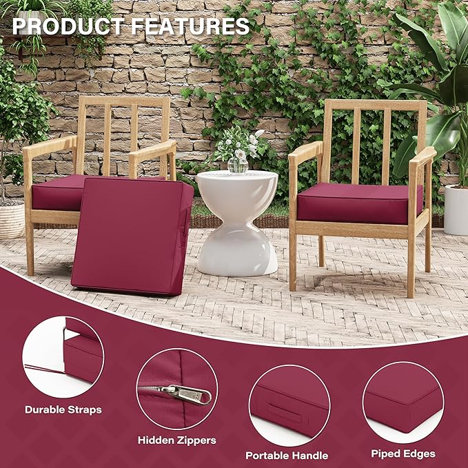 Patio Chair Cushions 19 X 19 X 4 Inch Waterproof Outdoor Seat Cushions for Patio Furniture, Outdoor Sofa Couch Pads with Ties & Handle, Set of 2, Fuchsiared