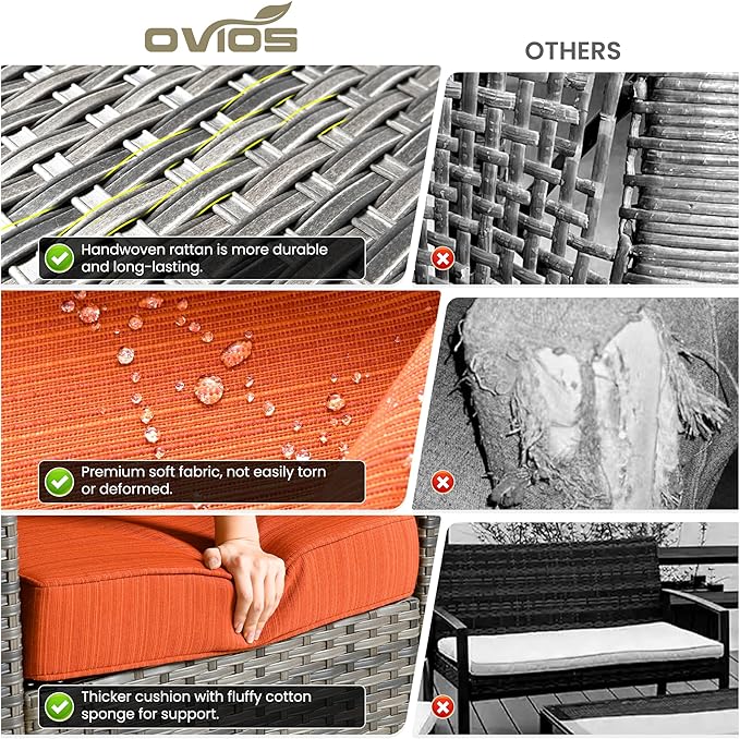 ovios 8 Pieces Patio Furniture Set with 54" Fire Pit Table, Outdoor Wicker Sofa with Comfy Cushions, All Weather High Back Rattan Couch Conversation Set, Orange Red