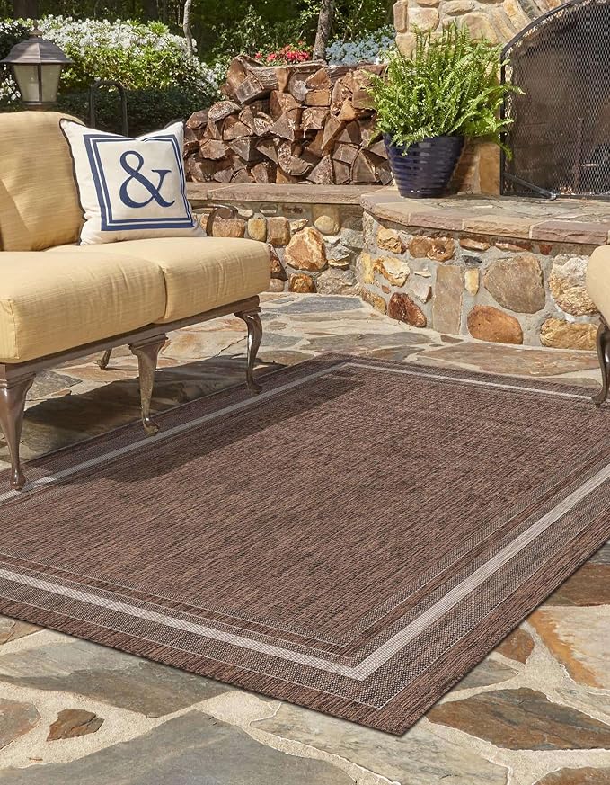 Unique Loom Outdoor Border Collection Area Rug - Soft Border (10' x 14' 1" Rectangle Brown/Ivory)
