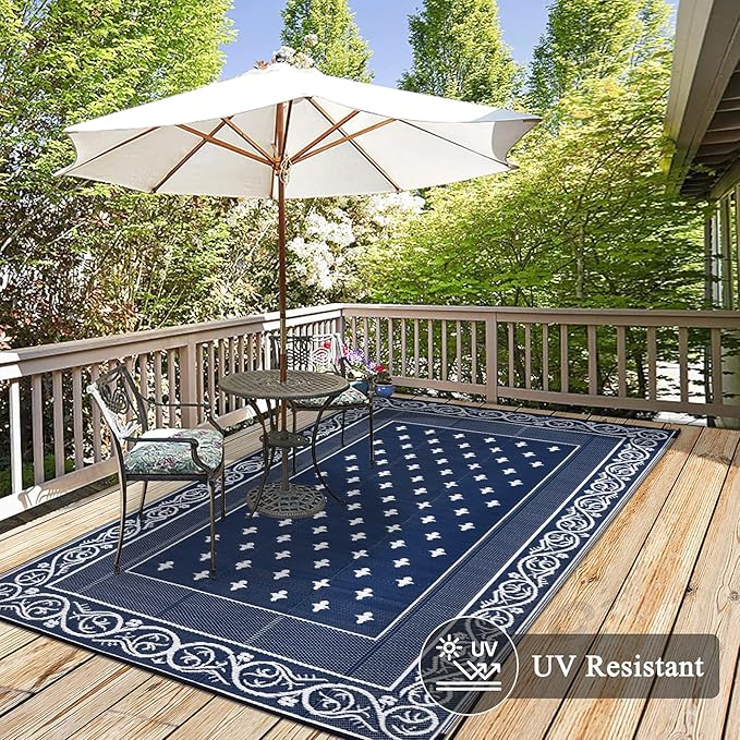 Pauwer Waterproof Outdoor Rug 8x10, Reversible Plastic Straw Patio Camping Rug, Indoor Outdoor RV Mat Carpet for Deck, Camper, Porch, Balcony, Backyard, Picnic, Bordered Navy