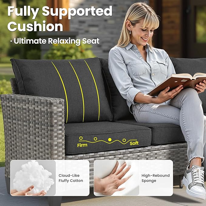ovios 7 Pieces Patio Furniture Set with 42" Fire Pit Table, Outdoor Wicker Sofa with Swivel Chairs, All Weather High Back Rattan Couch Conversation Set, Black