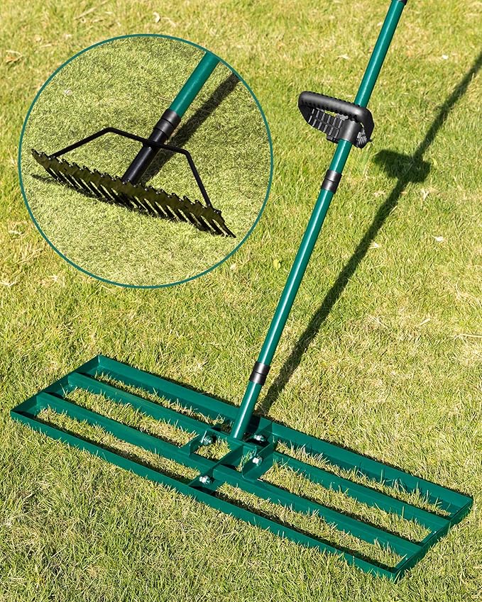 Lawn Leveling Rake 33x10'', Yard Leveling Rake with 78'' Back-Saving Adjustable Handle, Stainless Steel Lawn Leveler Tool with 17'' Tines Head for Garden, Backyard, Farm, Golf Course