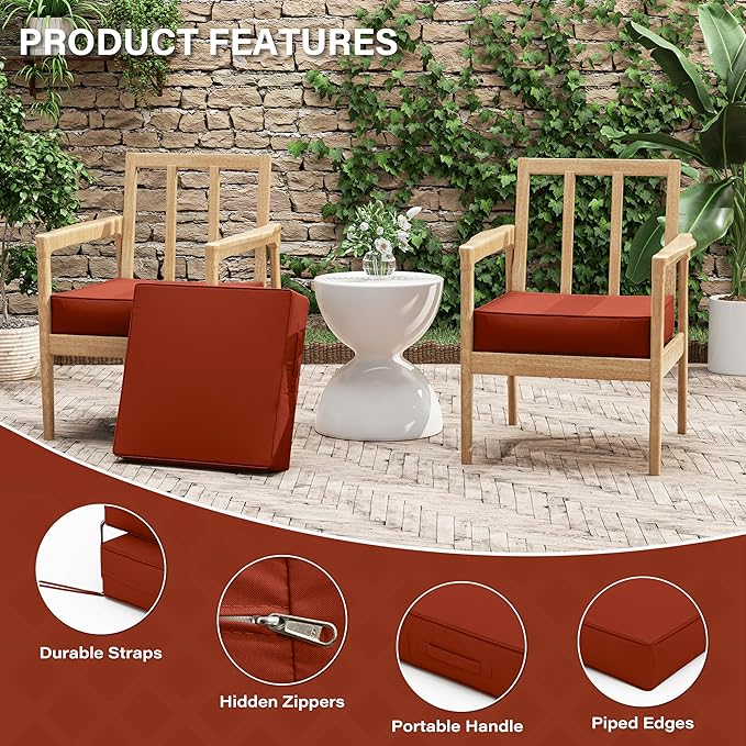 Patio Chair Cushions 19 X 19 X 4 Inch Waterproof Outdoor Seat Cushions for Patio Furniture, Outdoor Sofa Couch Pads with Ties & Handle, Set of 2, Terra Red